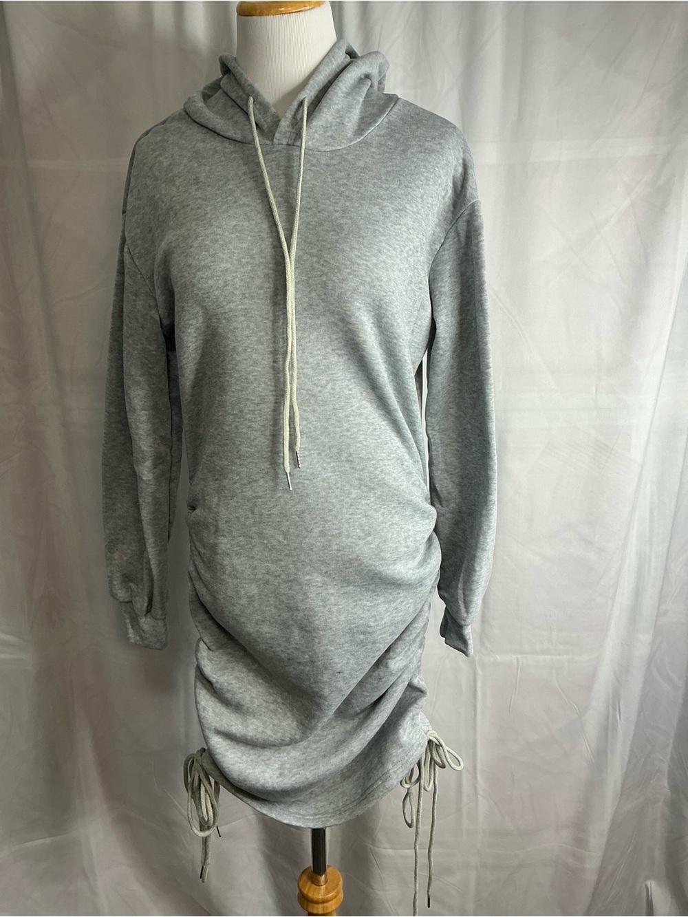 2396 -Casual Drawstring Ruched Hooded Bodycon Mini Sweatshirt Dress - Picture 8 of 16